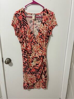 Cache Coral, Black & Tan Animal-Print Wrap Midi Dress